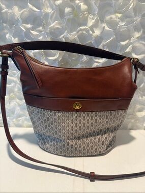 Fossil Brown Leather-Trim Monogram Shoulder Bag